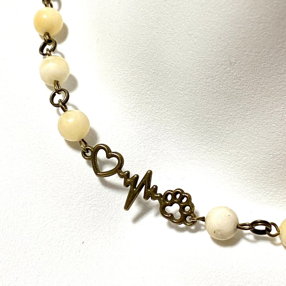 Natural Yellow Calcite Choker, Bronze Paw Print Heart Beat + Genuine Gemstone